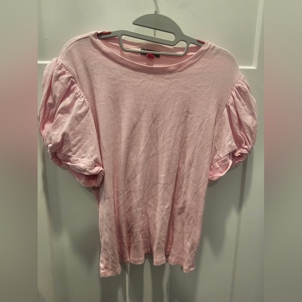 Vince Camuto Pink Puff Sleeve Top XXL Ribbed Knit Cotton Short Sleeve Blouse